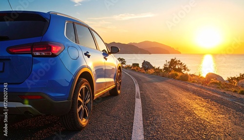 青い車(SUV)でドライブする写真