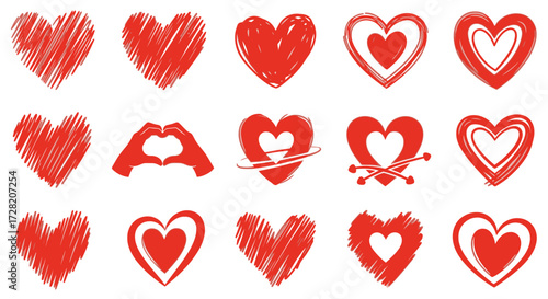 Vibrant red heart collection with diverse artistic styles perfect for expressing love, passion, and emotional connection in designs