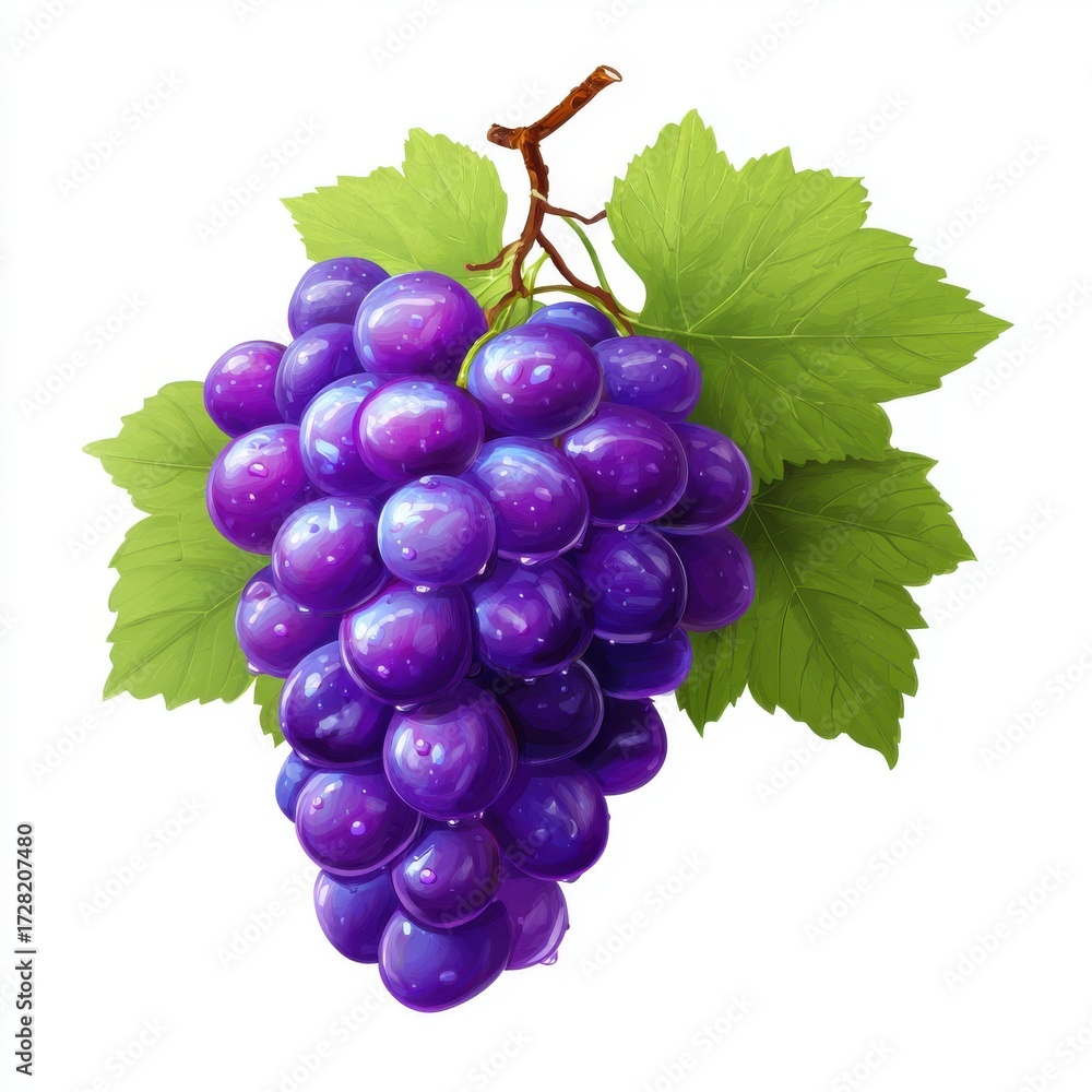 Fototapeta premium Ripe Dark Purple Grapes with Green Leaves on White Background