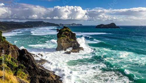 Coastal landscape with dramatic waves crashing against rocks