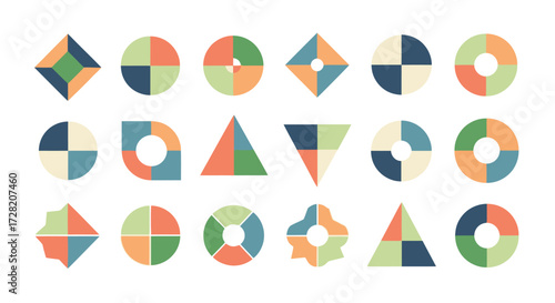 Modern geometric shapes in segmented, colorful designs offer dynamic visual elements for creative projects and branding needs.