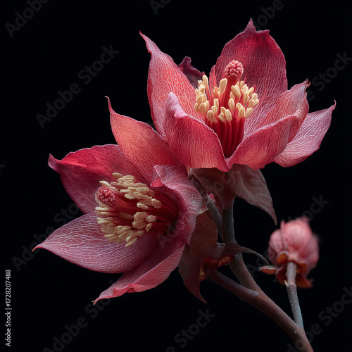 Close-up of a red exotic flower with velvety petals and detailed yellow stamens on a dark background