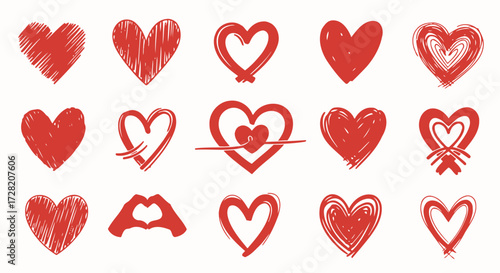 Vibrant collection of diverse red heart illustrations capturing love, passion, and connection for your creative projects