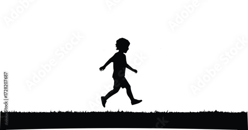 Minimalist black silhouette of a young child running freely, a simple vector illustration capturing the joy and energetic spirit of childhood