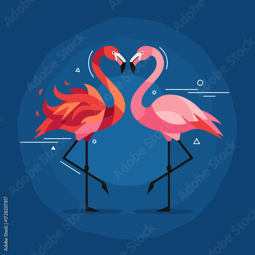 Two colorful flamingos standing together on blue background  