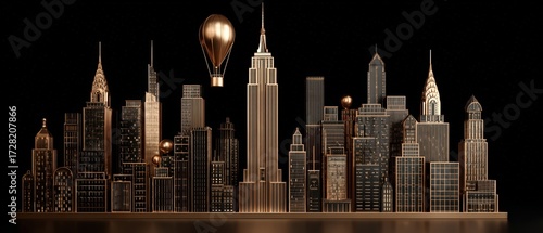 A stunning bronze city skyline with iconic buildings is highlighted by a golden balloon floating above the skyscrapers against a black backdrop.