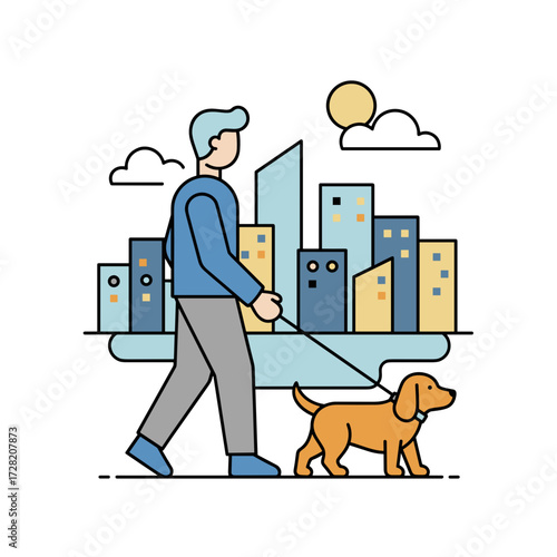 Man walking his dog in the city with a sunny backdrop  