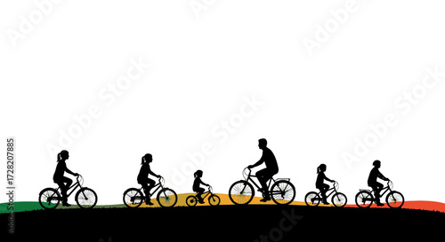 Joyful family cycling adventure across rolling hills at sunset, creating cherished memories together outdoors