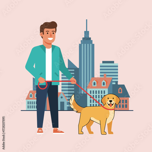 Young man walking golden retriever dog in city background  