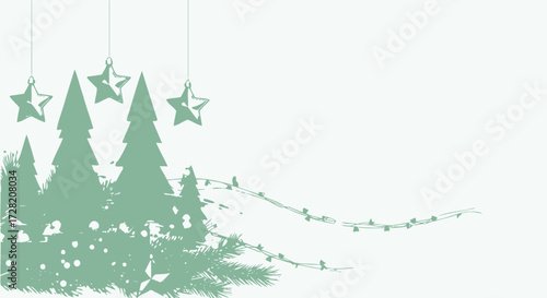 Festive holiday scene with glowing string lights, elegant stars, and stylized evergreen trees dusted with snow