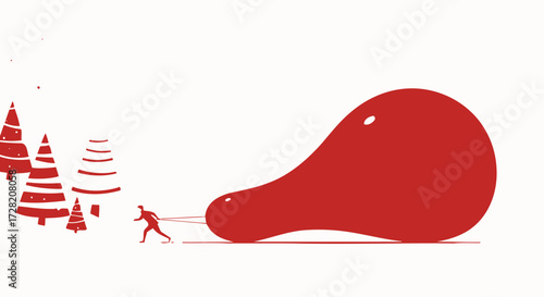 Determined individual pulls enormous red gift through snowy forest, symbolizing holiday effort and festive spirit