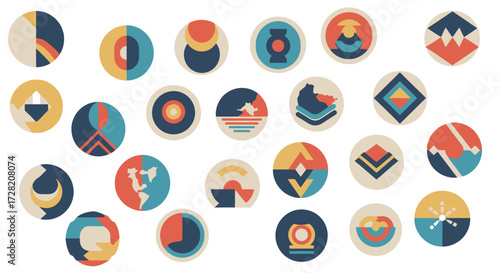 Vibrant abstract geometric icons and symbols collection, modern design, creative graphic elements, perfect for branding and web.
