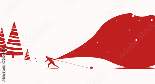 Determined figure struggles with massive red gift bag through snowy winter wonderland filled with festive trees