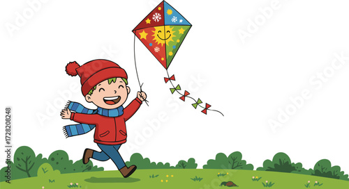 A joyful boy in winter clothes runs across a green field, expertly flying a colorful kite. His happy face reflects the pure delight of childhood outdoor play and freedom
