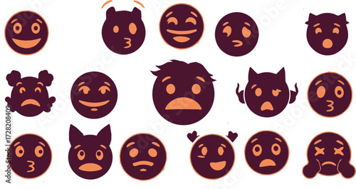 Collection of expressive emoji faces in various emotions and styles, suitable for digital communication and design projects