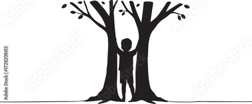 Simple black and white silhouette of a child standing between two trees, symbolizing a deep connection with nature, growth, and the environment