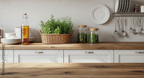 Kitchen countertop, wooden tabletop, white cabinets, herbs, cooking essentials
