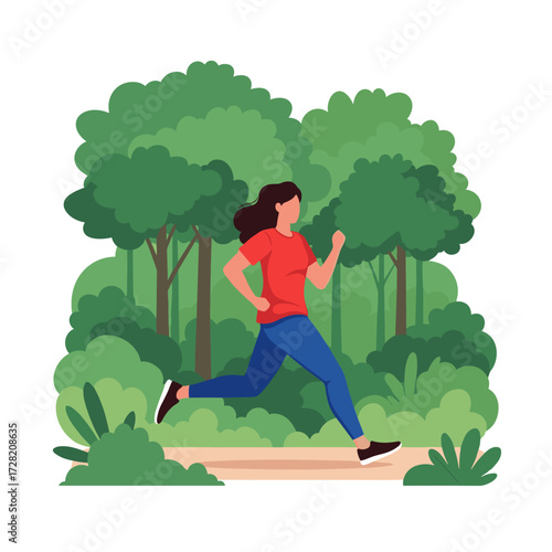 A woman jogs through a lush green park surrounded by vibrant trees and foliage.