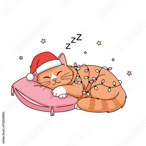 A cute ginger cat wearing a Santa hat sleeps peacefully on a pink pillow all tangled in colorful Christmas lights.