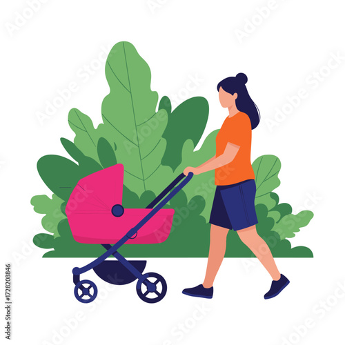 A parent pushing a stroller with a baby in a park.