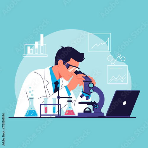 Scientist examining a specimen under a microscope in a laboratory setting with research data displayed around him.