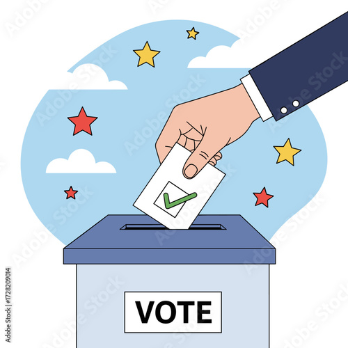 A hand places a ballot into a voting box with stars and clouds in the background.