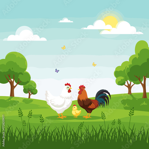 A charming farm scene with a hen rooster and chick enjoying the sunny day in a lush green field.