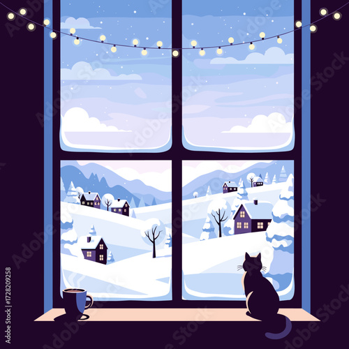 Cozy winter scene with a cat gazing out a snow-covered window at a village.
