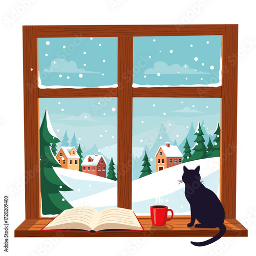 Cozy winter scene with a cat reading a book by the window.