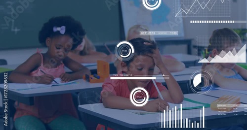 On timer start five students writing classwork while timers and charts updating to track progress