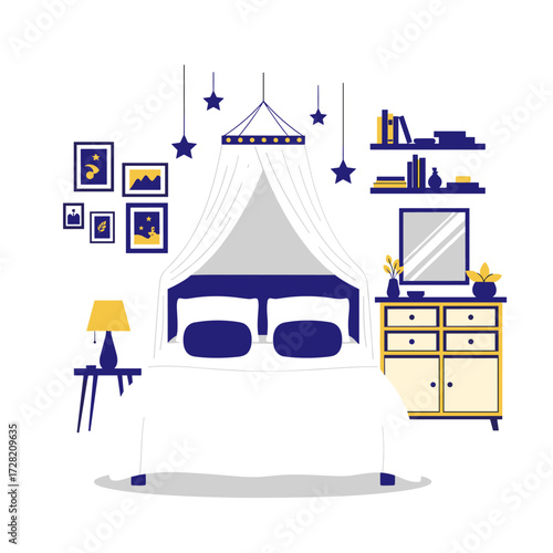 Cozy bedroom interior design featuring a white bed with blue pillows and a canopy above.