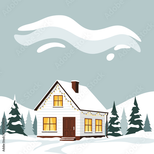 A charming snow covered cottage decorated with festive lights in a winter landscape.