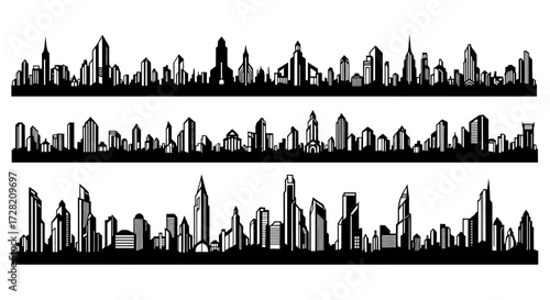 Modern urban city skyline silhouettes in striking black and white, perfect for branding, design, and architectural projects