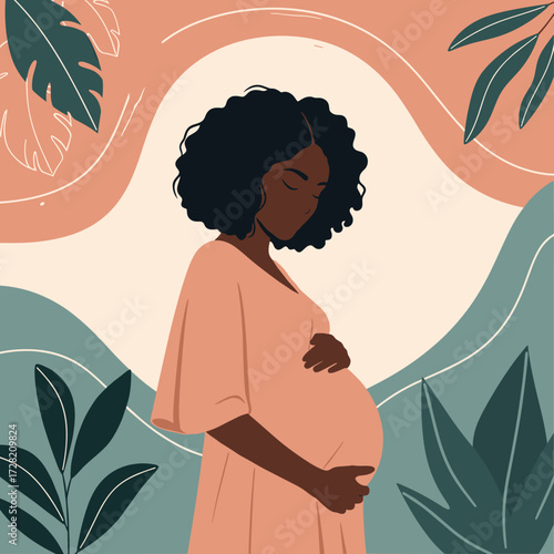 A pregnant woman cradles her belly surrounded by soft abstract shapes and tropical leaves in a warm color palette.