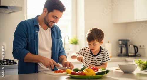 Father and son preparing healthy food, kitchen scene, family cooking, meal prep