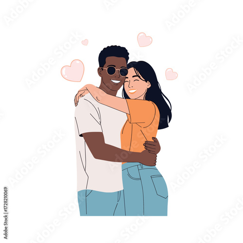 A loving couple shares a warm embrace surrounded by floating hearts representing their deep affection and connection.