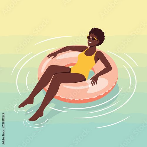 A relaxed woman in a yellow swimsuit floats contentedly on a peach inner tube in gently rippling water under a sunny sky.