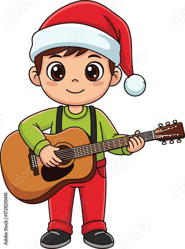 Cute boy wearing red Santa hat playing acoustic guitar for Christmas holiday music celebration, festive winter illustration perfect for greeting card design