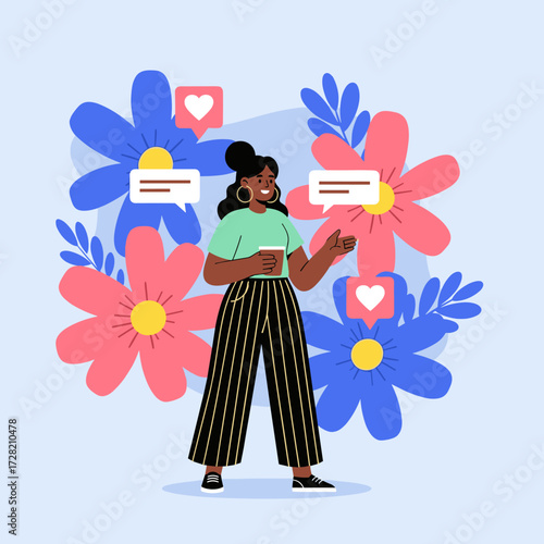 A young woman enjoys a sunny day surrounded by vibrant flowers and social media icons.