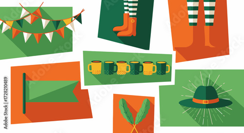 Celebrate St Patricks Day with vibrant illustrations featuring leprechaun hats, flags, and festive mugs, perfect for holiday promotions