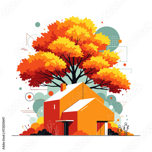 Vibrant autumn foliage adorns a charming house nestled amongst abstract geometric shapes and whimsical elements.