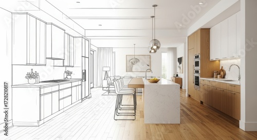 Modern kitchen design, interior architecture, line drawing, 3D rendering, home renovation