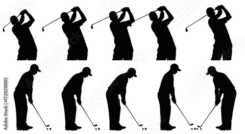 Dynamic golfer silhouette sequence demonstrating swing technique, perfect for sports training and instructional content