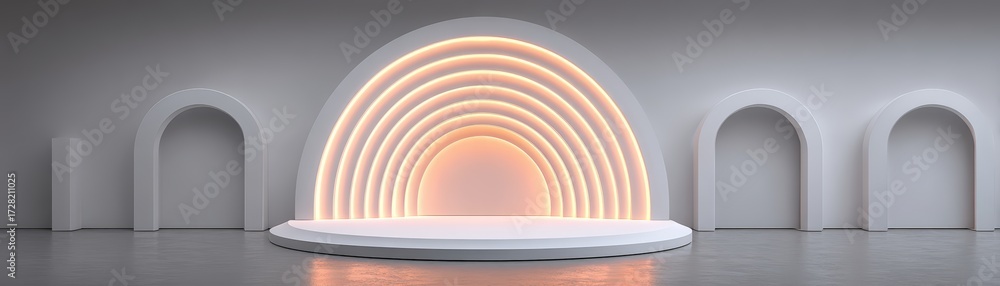 Obraz premium A clean presentation stage features an illuminated semi circle backdrop with alcoves in a minimalist, contemporary architectural space.