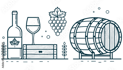 
Editable stroke outline icons set featuring a wine glass, wine barrel, and wooden crate box. Minimalist thin line art design, isolated on white background. Pixel perfect vector illustration suitable 