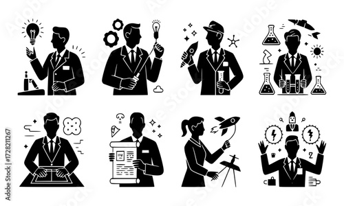 “National Inventors Day Silhouette Vector Set – 10 Black Silhouette Illustrations of Inventors, Innovation, Science and Creativity”