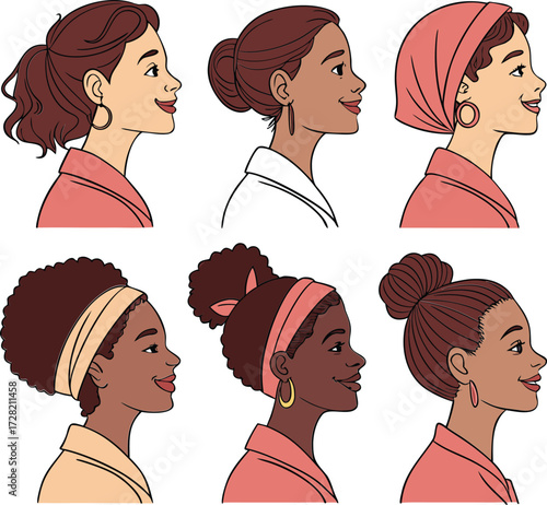 A set of beautiful woman face vector cartoon avatars with diverse hairstyles, eyes, and fashion style illustration