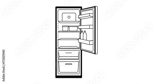 Simple outline drawing of an open refrigerator black and white silhouette
