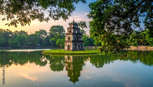Serene Turtle Tower Reflection at Dawn in Hoan Kiem Lake, Hanoi, Vietnam