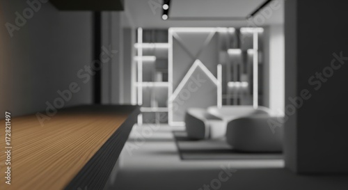 Modern interior, minimalist living room, gray and white decor, wooden floor